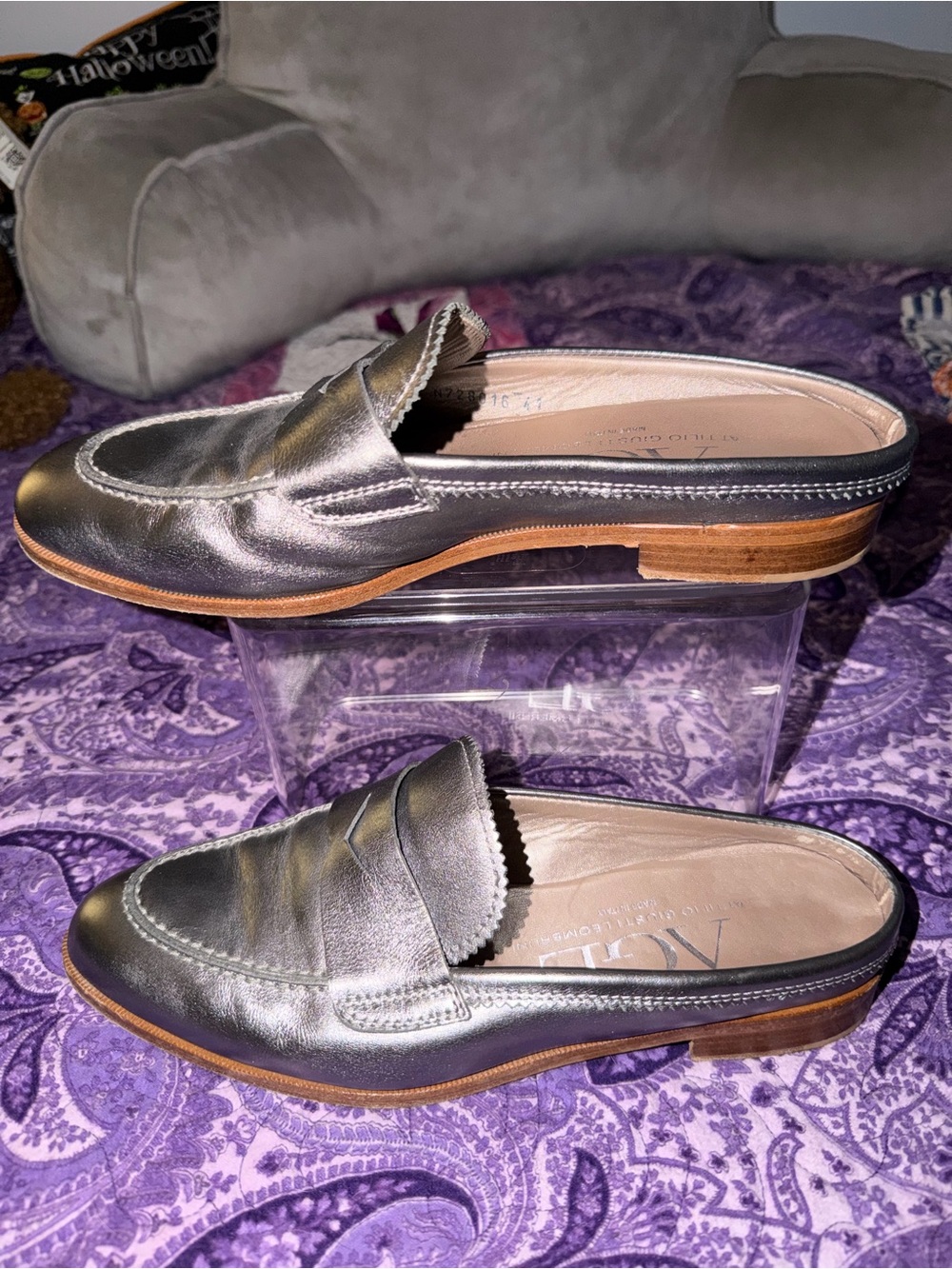 AGL Attilio Giusti Leombruni Metallic Silver Leather Penny Loafer Mules